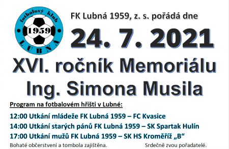 XIV. ročník Memoriálu Ing. Simona Musila 14.7. 2018 od 13. hod. ...